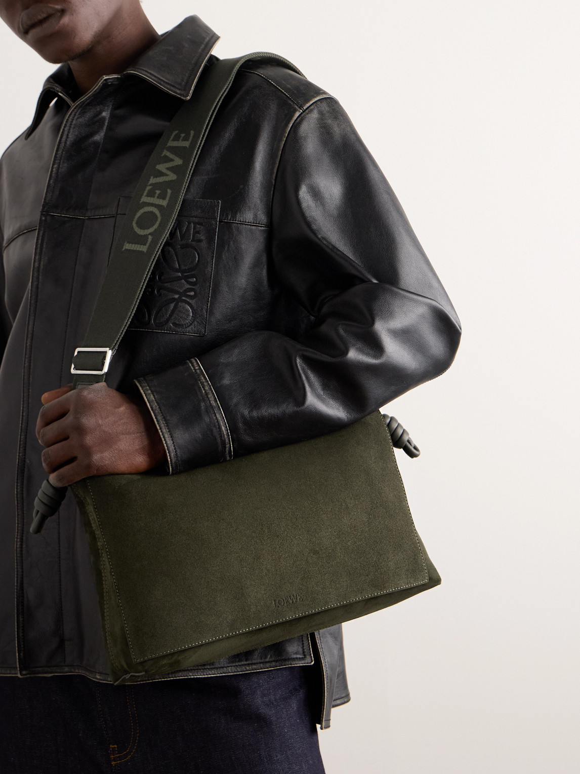 Shop Loewe Flamenco Leather-trimmed Suede Messenger Bag In Green