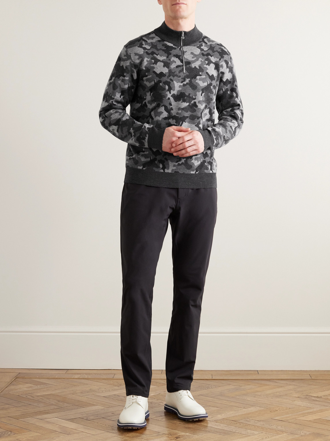 Shop G/fore Camouflage-jacquard Wool Half-zip Sweater In Gray