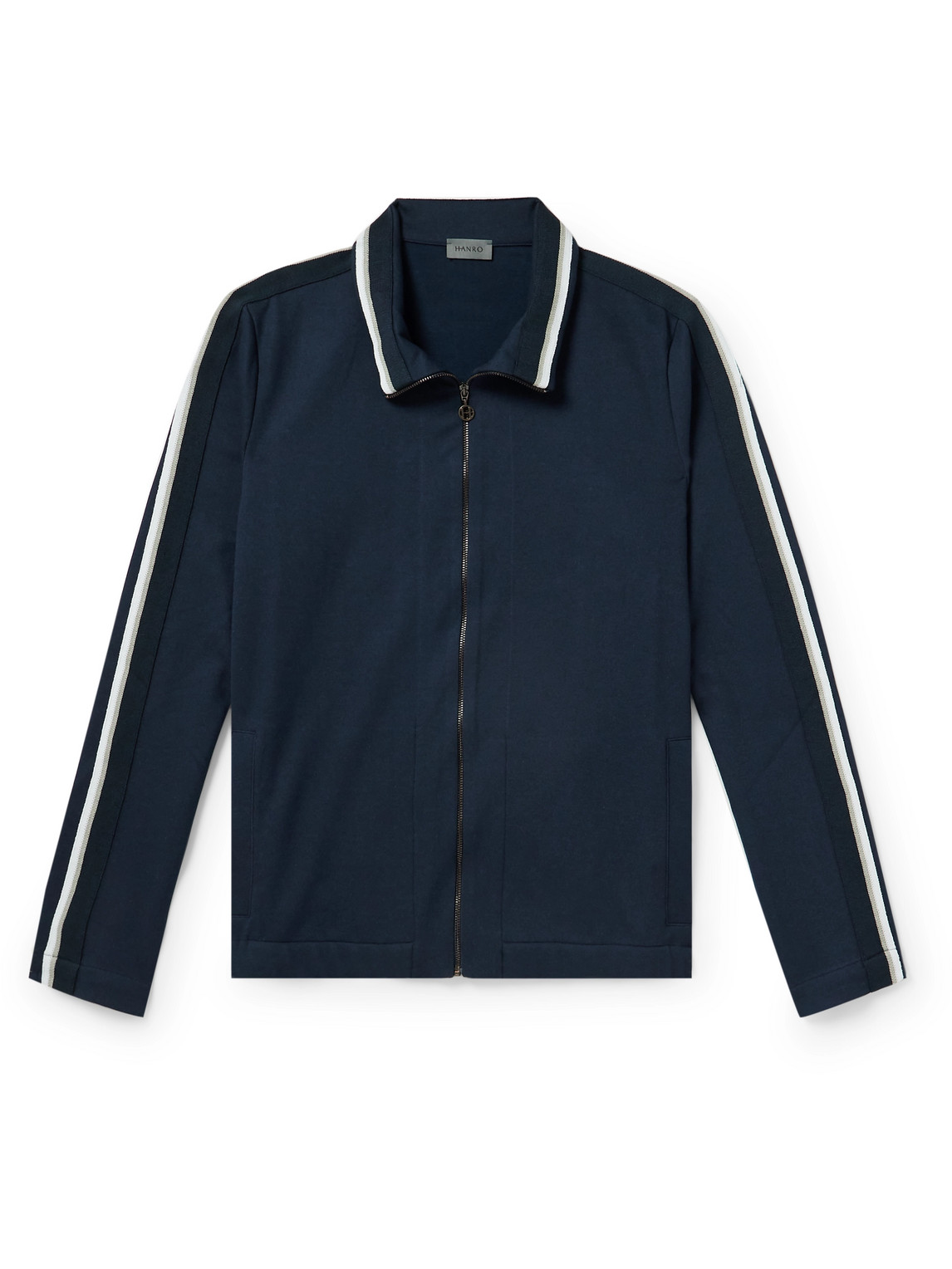 Hanro Yves Webbing-trimmed Double-faced Cotton-blend Jersey Track Jacket In Blue