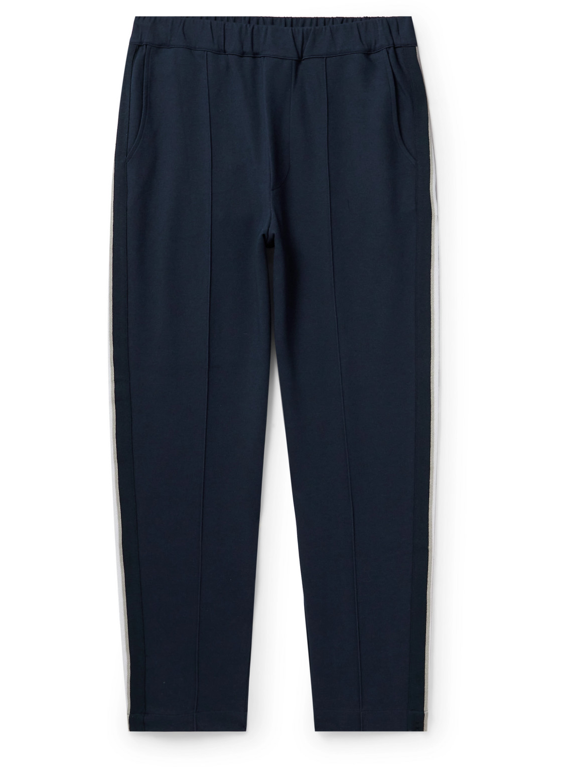 Hanro Yves Tapered Webbing-trimmed Double-faced Cotton-blend Jersey Track Pants In Blue