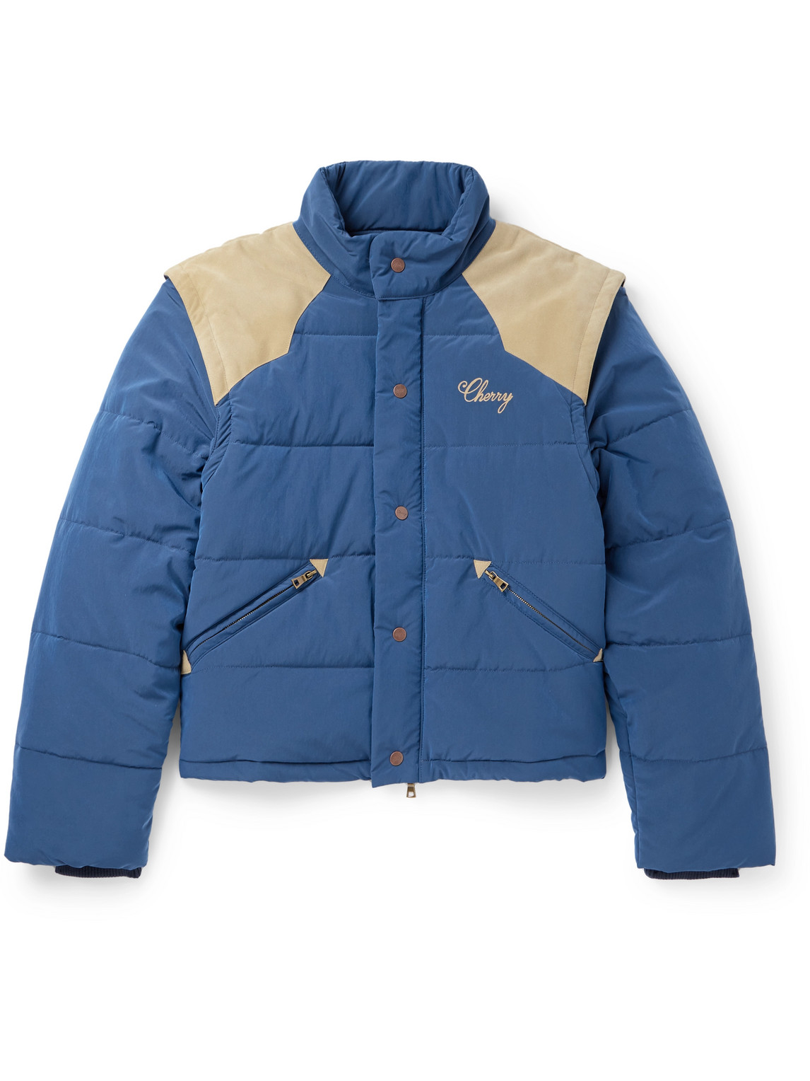 Cherry Los Angeles Convertible Quilted Padded Suede-trimmed Shell Jacket In Blue