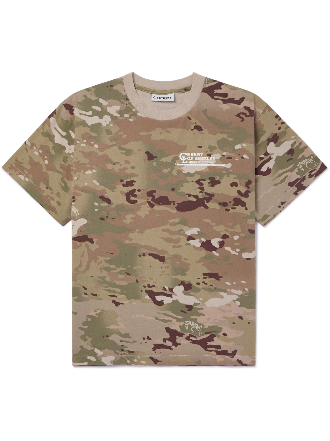 Cherry Los Angeles American Outdoorsman Garment-dyed Camouflage-print Cotton-jersey T-shirt In Brown
