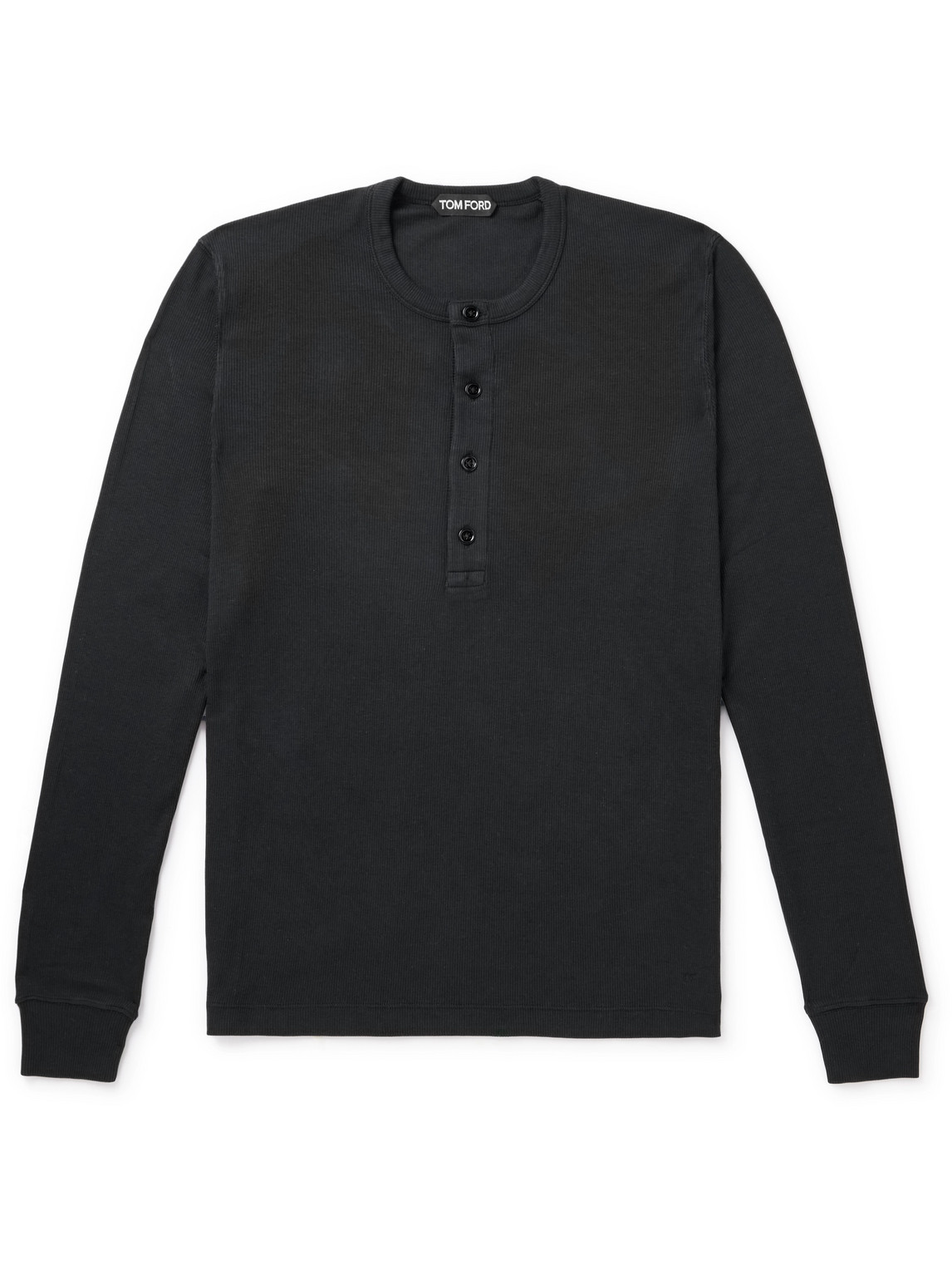 Tom Ford Slim-fit Ribbed Stretch Lyocell And Cotton-blend Henley T-shirt In Black