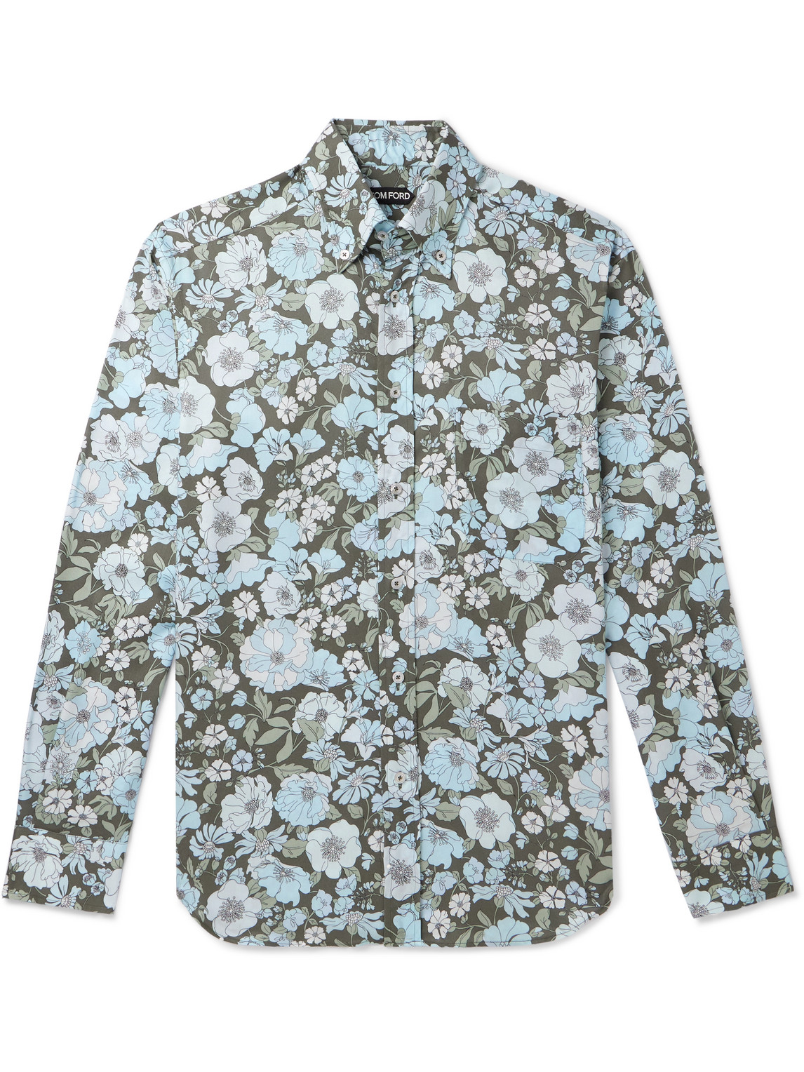 Shop Tom Ford Button-down Collar Floral-print Lyocell Shirt In Blue