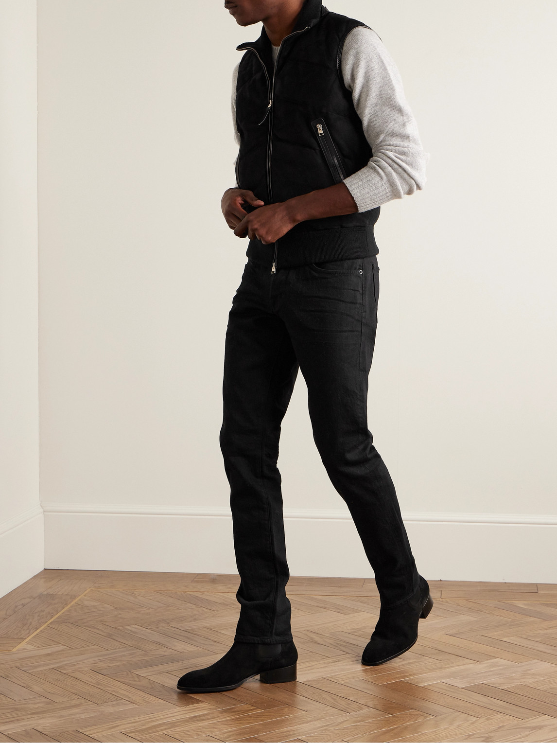 Shop Tom Ford Slim-fit Quilted Suede-panelled Wool And Cashmere-blend Down Gilet In Black