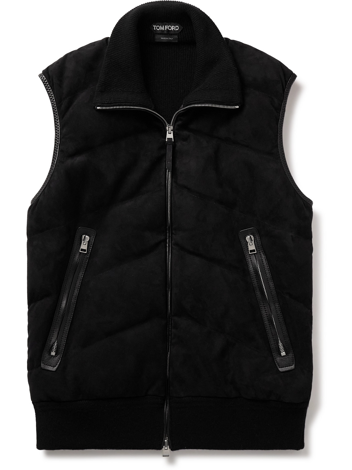 Tom Ford Slim-fit Quilted Suede-panelled Wool And Cashmere-blend Down Gilet In Black