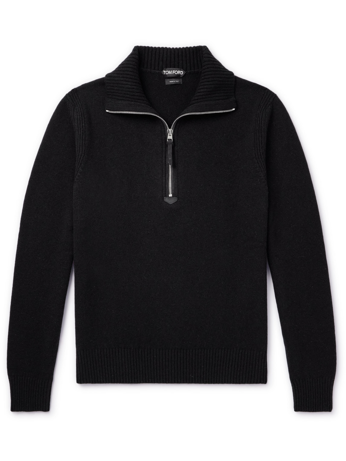 Tom Ford Suede-trimmed Wool-blend Half-zip Jumper In Black