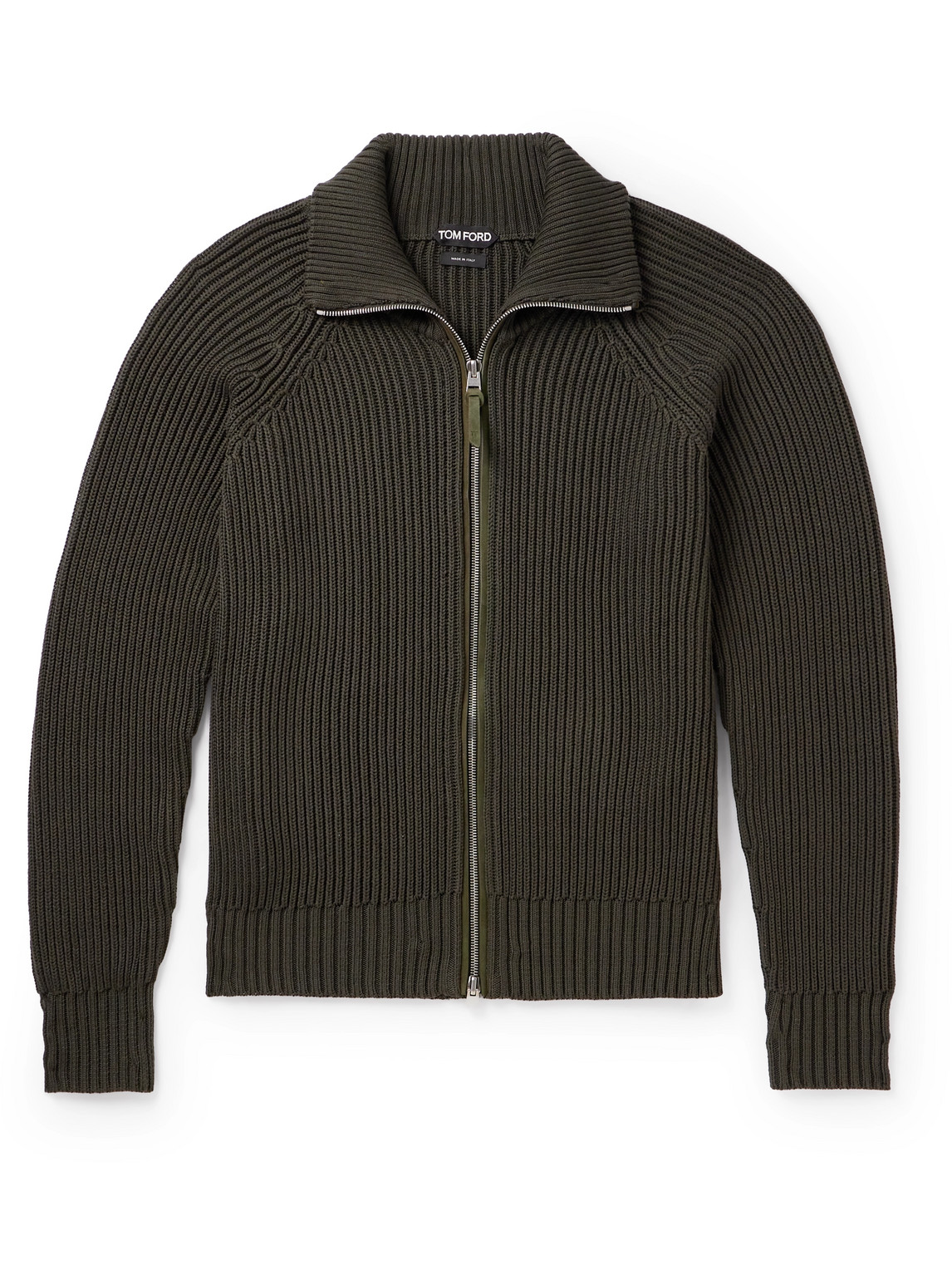 Tom Ford Slim-fit Ribbed Silk And Cotton-blend Zip-up Cardigan In Green