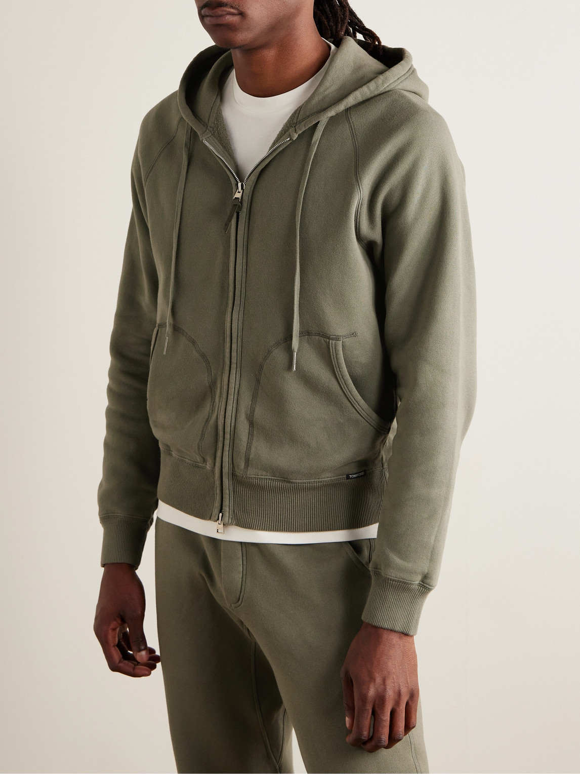 Shop Tom Ford Garment-dyed Cotton-jersey Zip-up Hoodie In Green