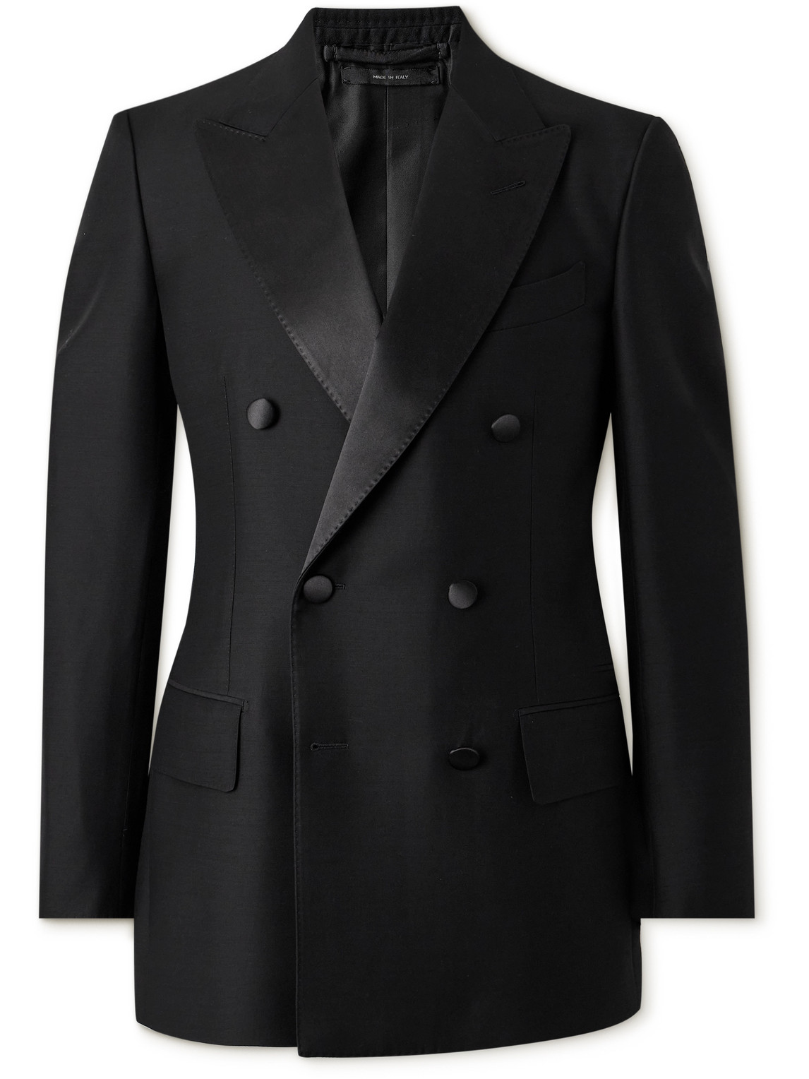 Tom Ford Double-breasted Satin-trimmed Wool And Silk-blend Tuxedo Jacket In Black