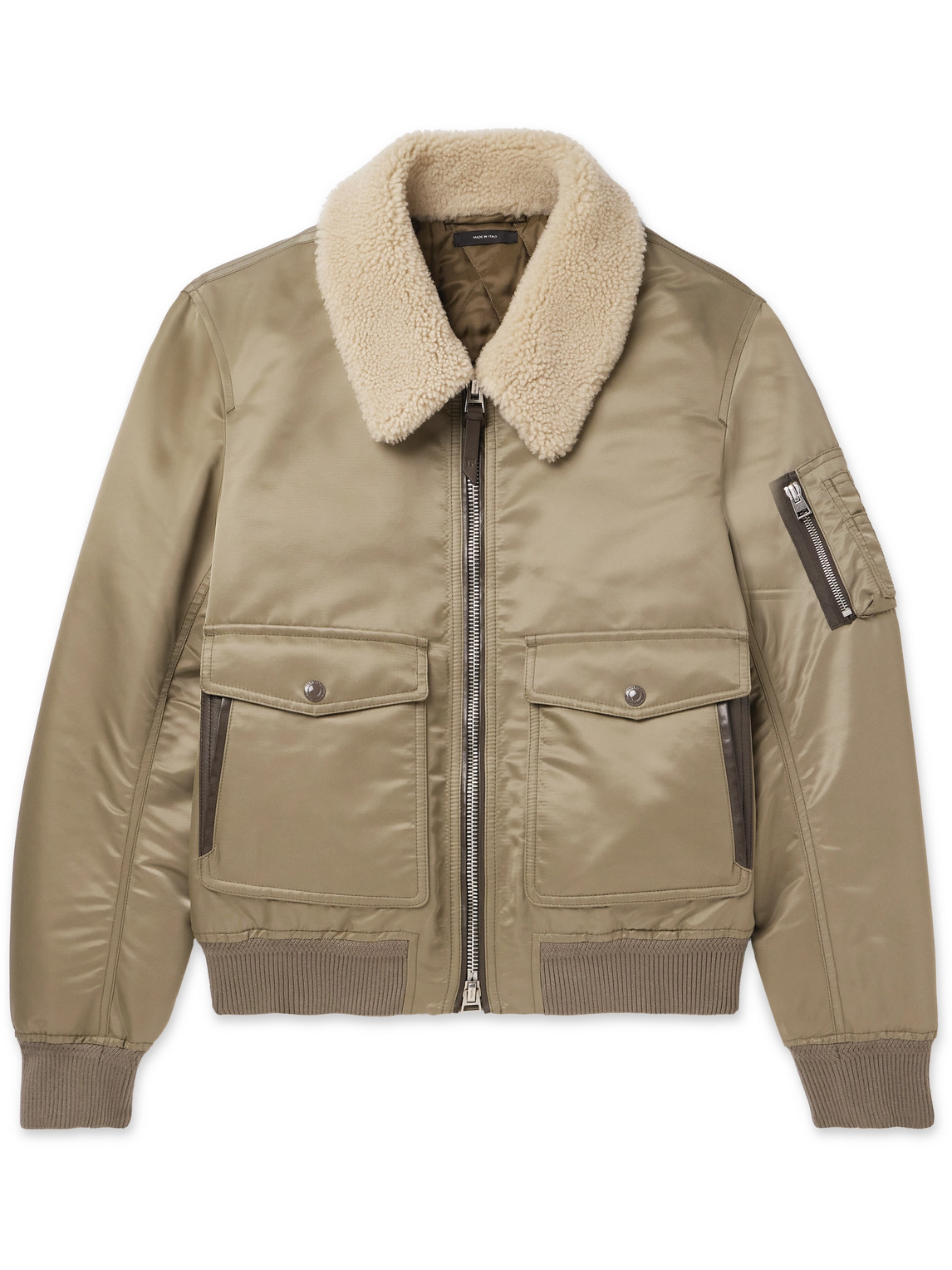 Tom Ford Shearling And Leather-trimmed Padded Shell Bomber Jacket In Green