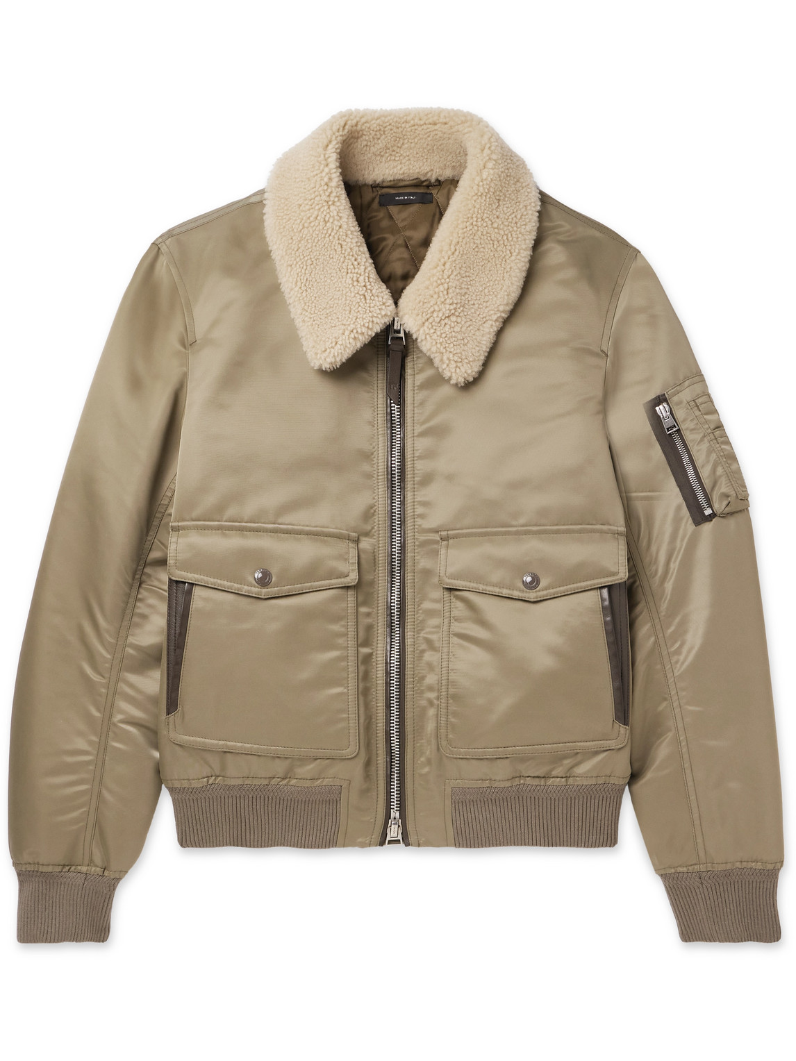 Shearling and Leather-Trimmed Padded Shell Bomber Jacket