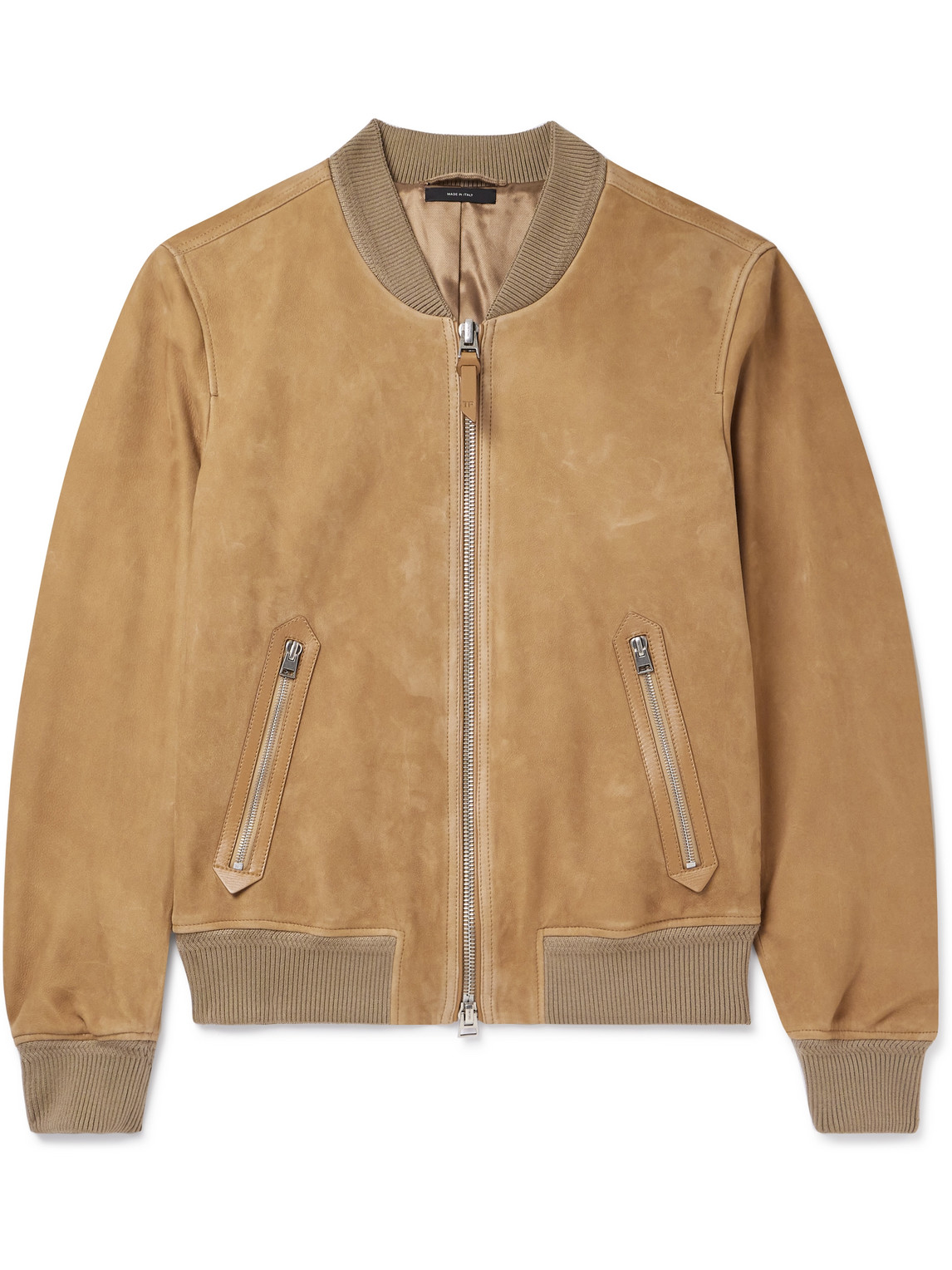 Leather-Trimmed Suede Bomber Jacket