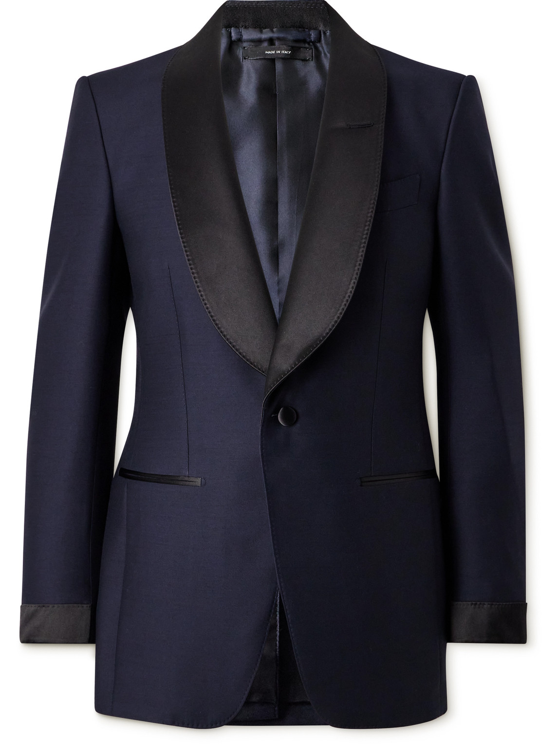 Sim-Fit Shawl-Collar Satin-Trimmed Wool and Silk-Blend Tuxedo Jacket