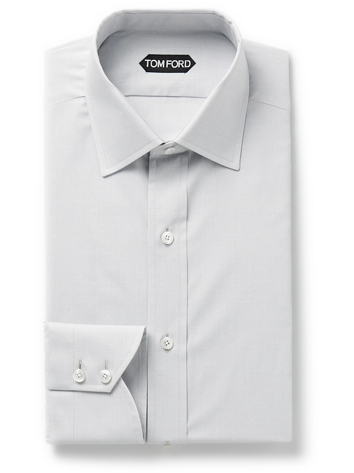Tom Ford Slim-fit Cutaway-collar Prince Of Wales Checked Cotton-poplin Shirt In Grey