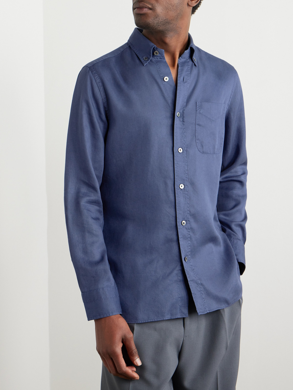 Shop Tom Ford Button-down Collar Lyocell-poplin Shirt In Blue