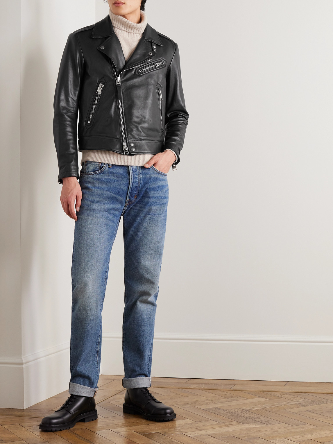 Shop Tom Ford Full-grain Leather Biker Jacket In Black