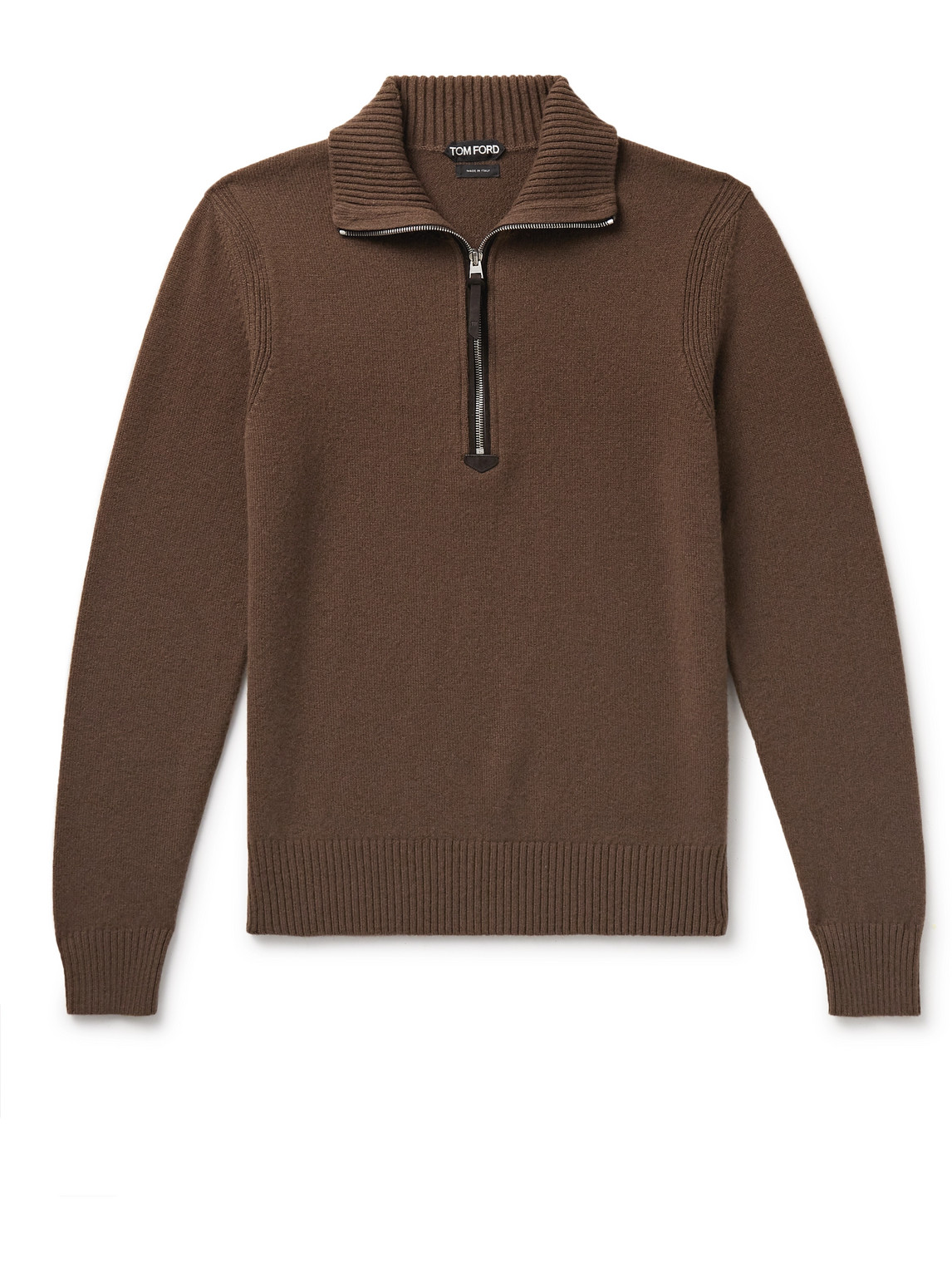 Tom Ford Suede-trimmed Wool-blend Half-zip Sweater In Brown