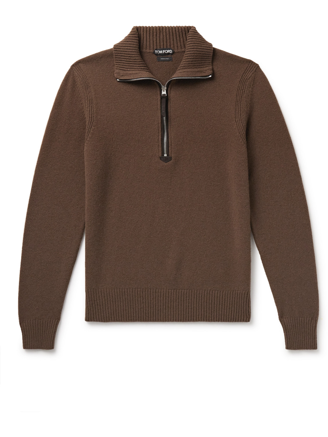 Tom Ford Suede-trimmed Wool-blend Half-zip Jumper In Brown