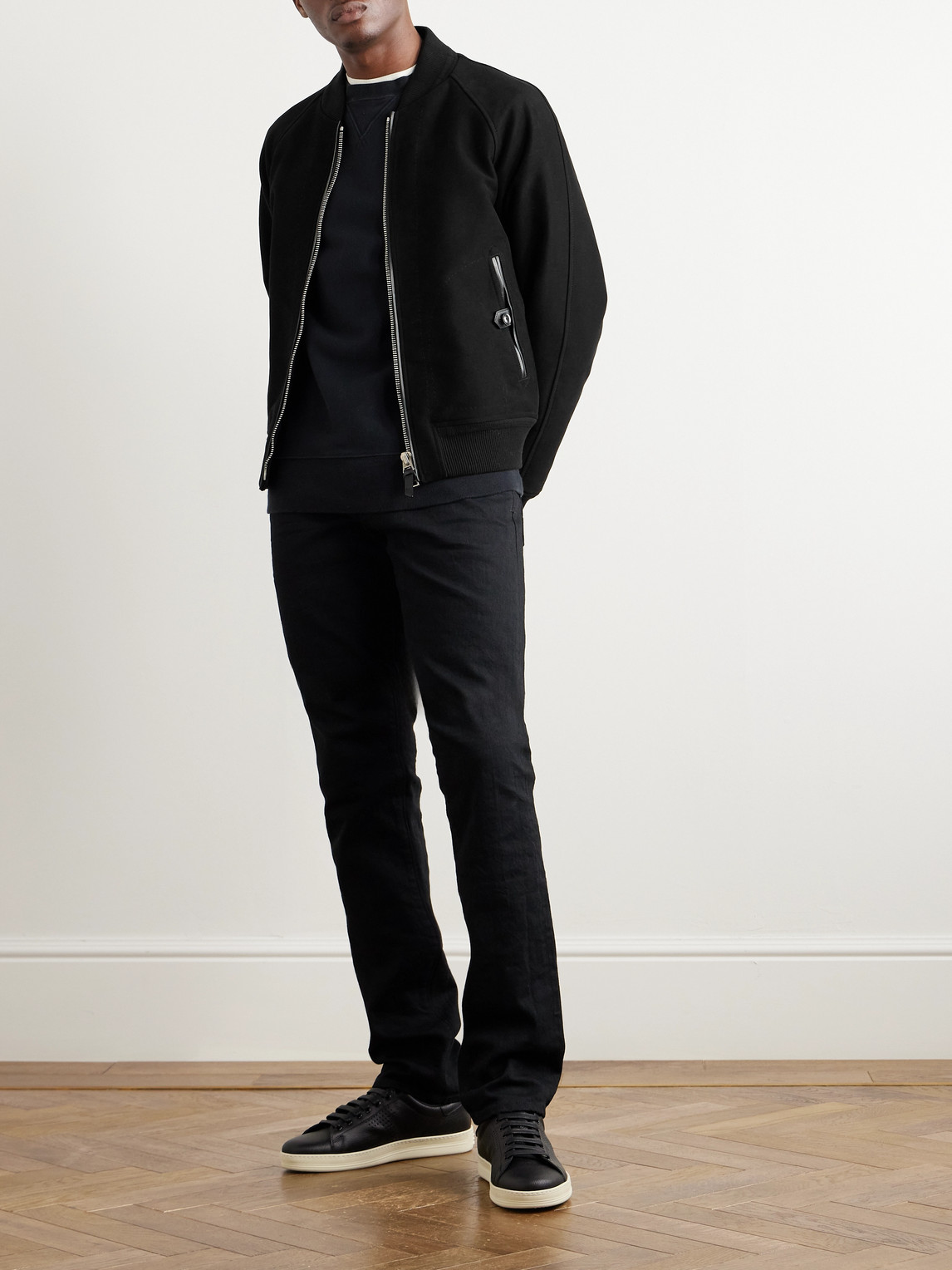 Shop Tom Ford Leather-trimmed Cotton Bomber Jacket In Black