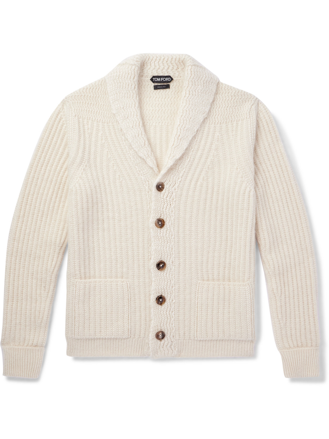 Tom Ford Shawl-collar Ribbed Wool, Silk And Mohair-blend Cardigan In Neutrals