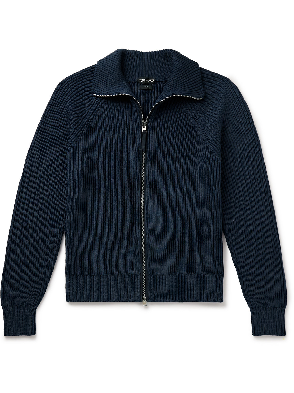 Tom Ford Slim-fit Ribbed Silk And Cotton-blend Zip-up Cardigan In Blue