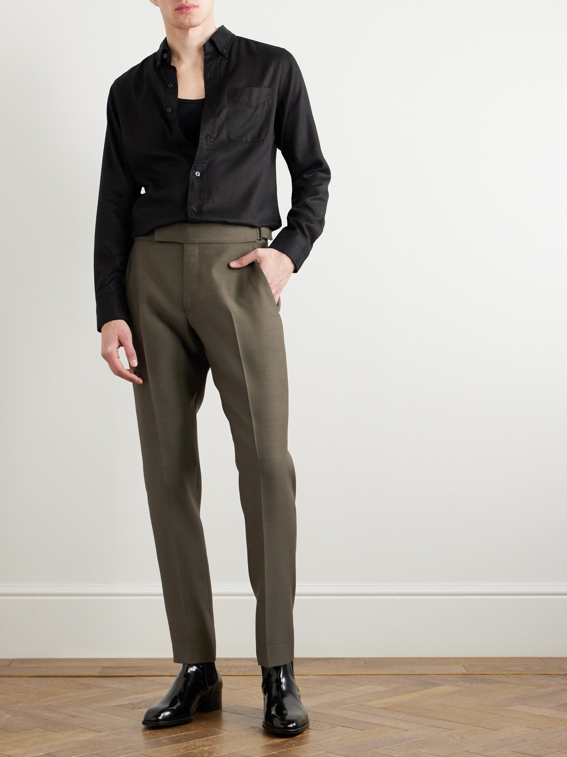 Shop Tom Ford Atticus Straight-leg Wool And Silk-blend Suit Trousers In Green
