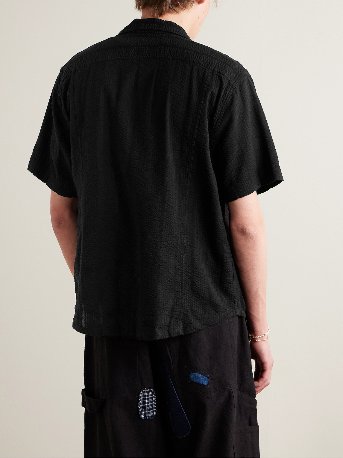 Shop Corridor Camp-collar Striped Cotton-seersucker Shirt In Black