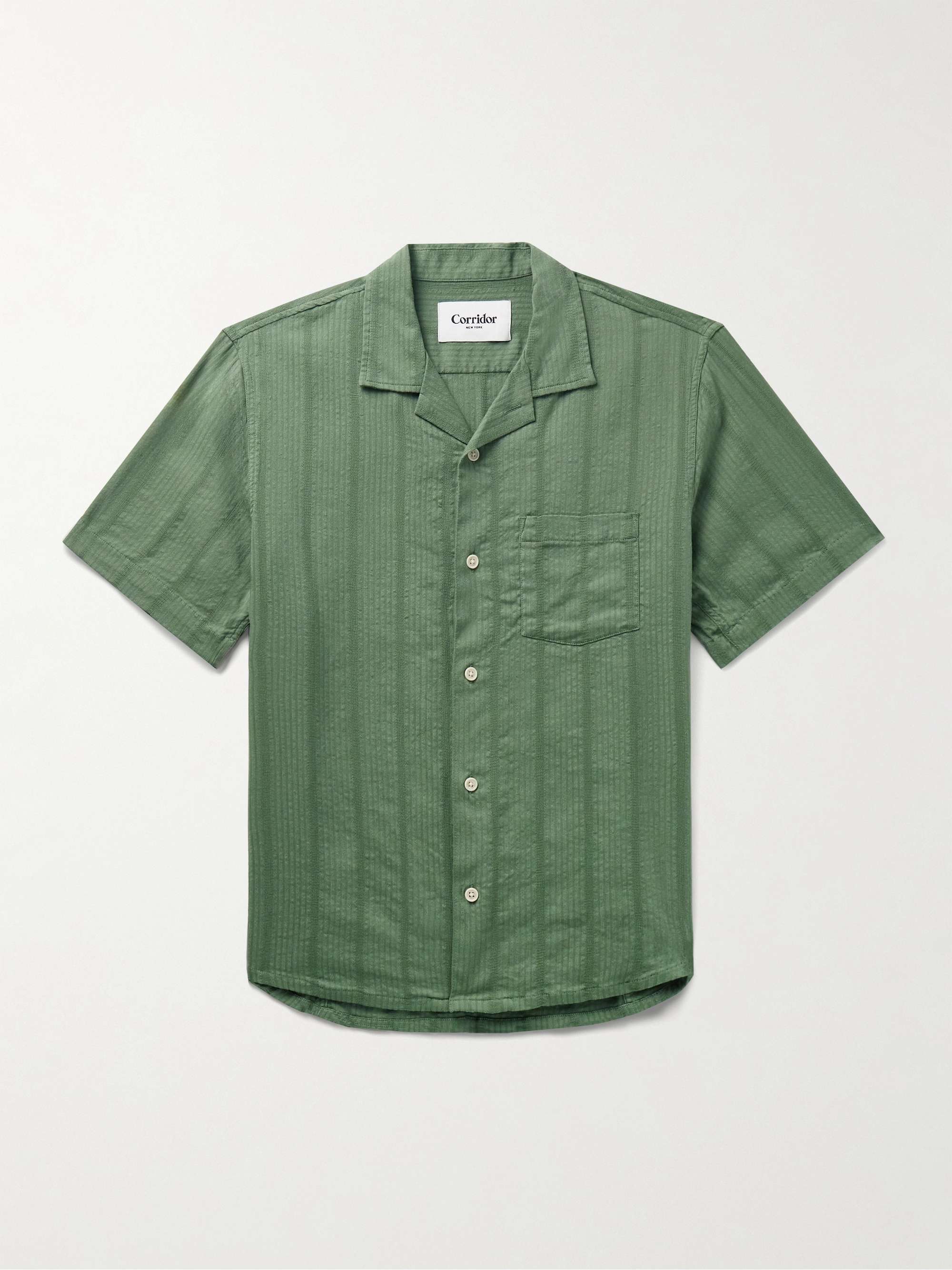 Camp-Collar Striped Cotton-Blend Seersucker Shirt