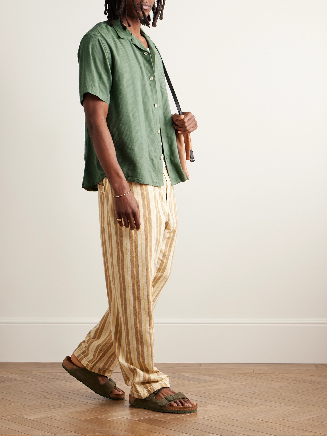 Shop Corridor Camp-collar Striped Cotton-blend Seersucker Shirt In Green