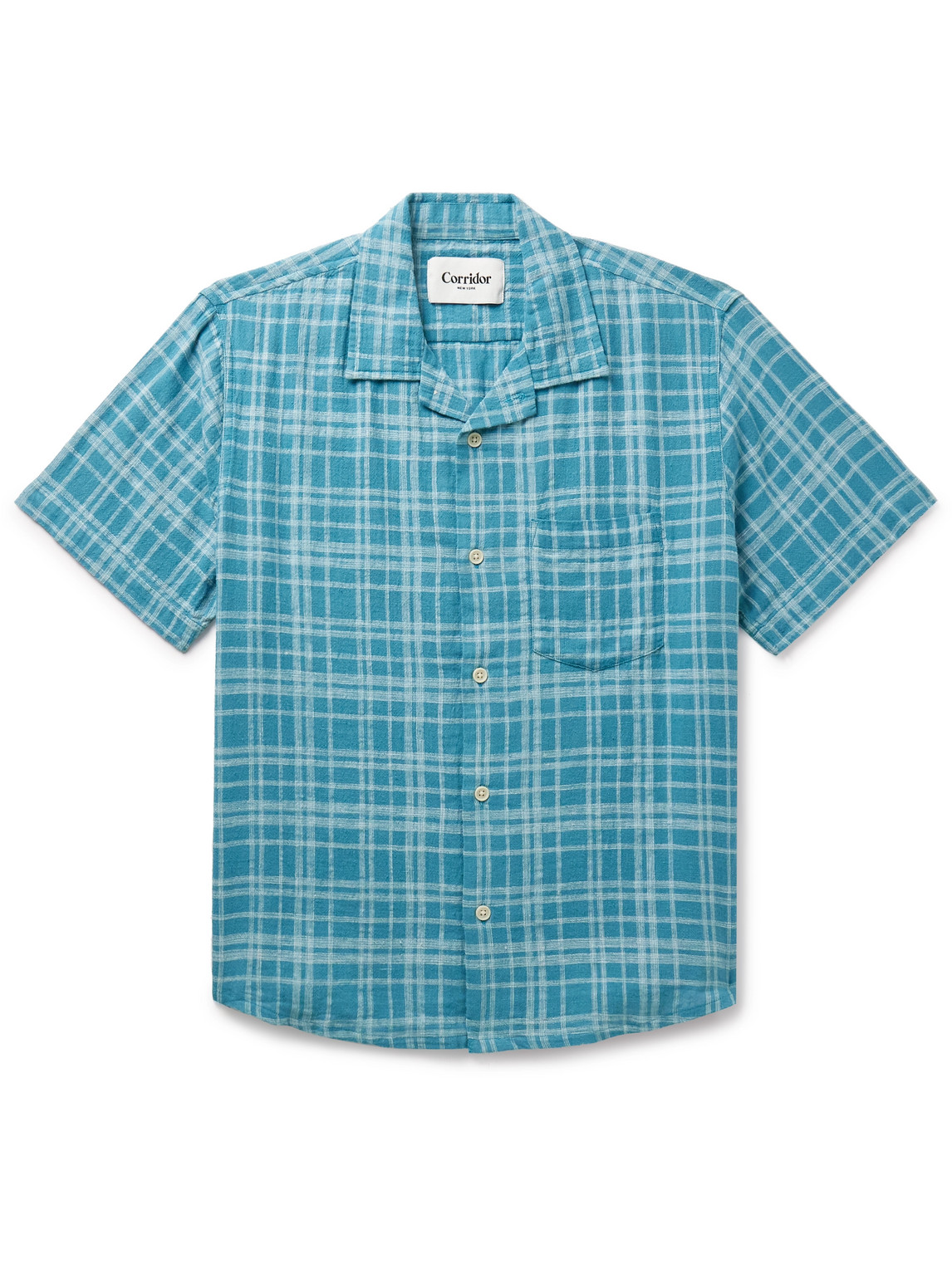 Corridor Camp-collar Checked Cotton And Linen-blend Shirt In Blue