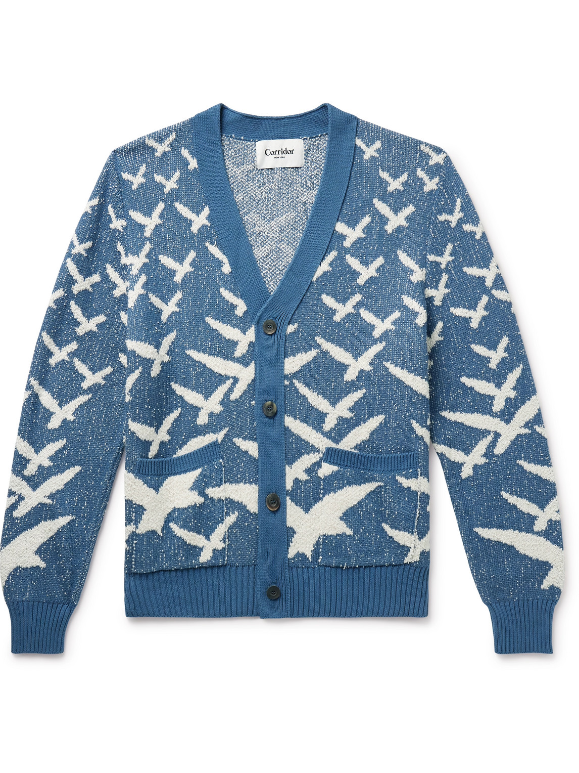 Corridor Seagull Jacquard-knit Cotton Cardigan In Blue