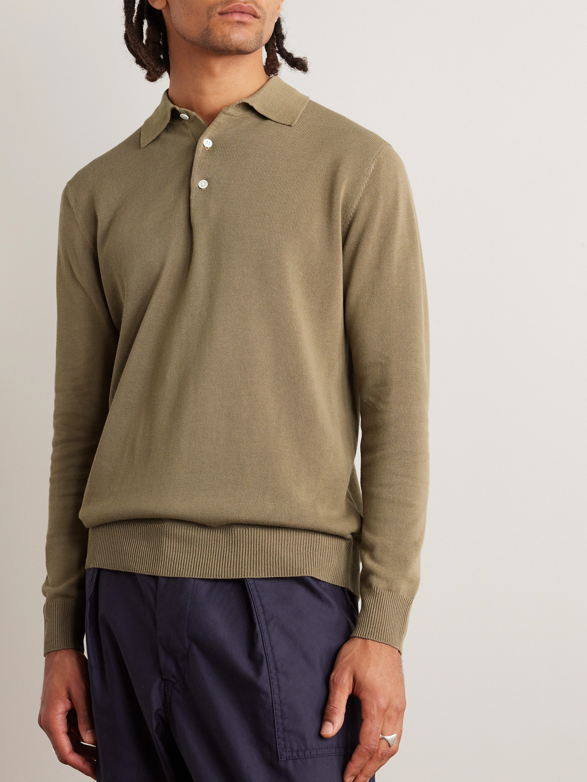 Shop Beams Knitted Polo Shirt In Green