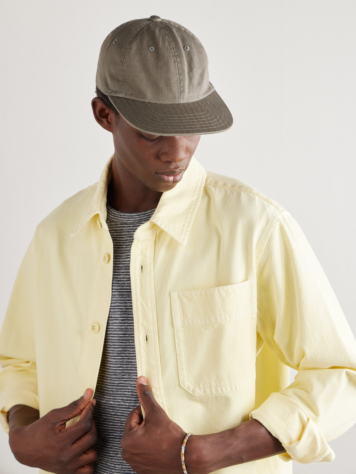 Leather-Trimmed Herringbone Cotton Cap — 2