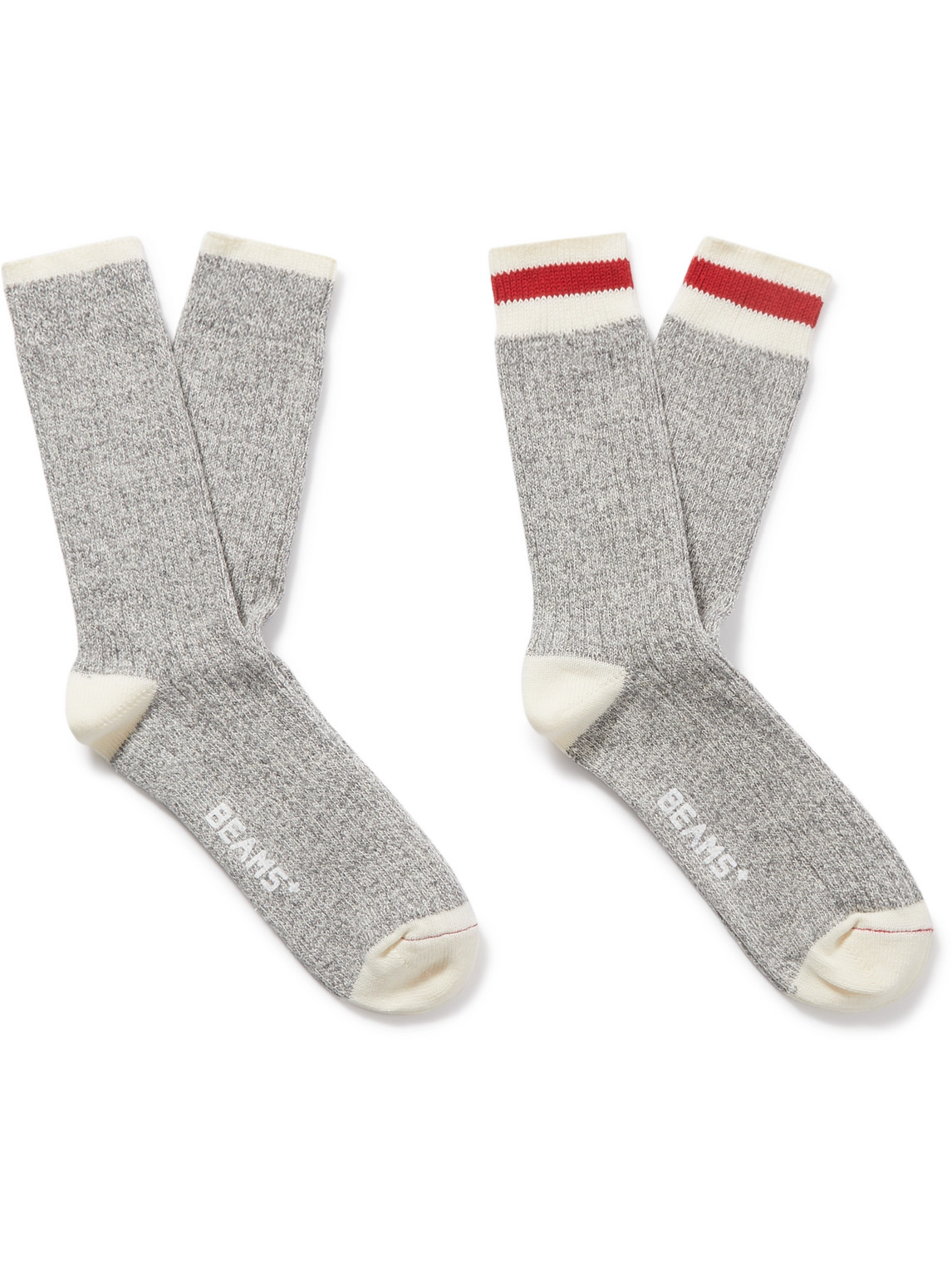 Beams Rag Pack Of Two Striped Ribbed Cotton-blend Socks In Grey