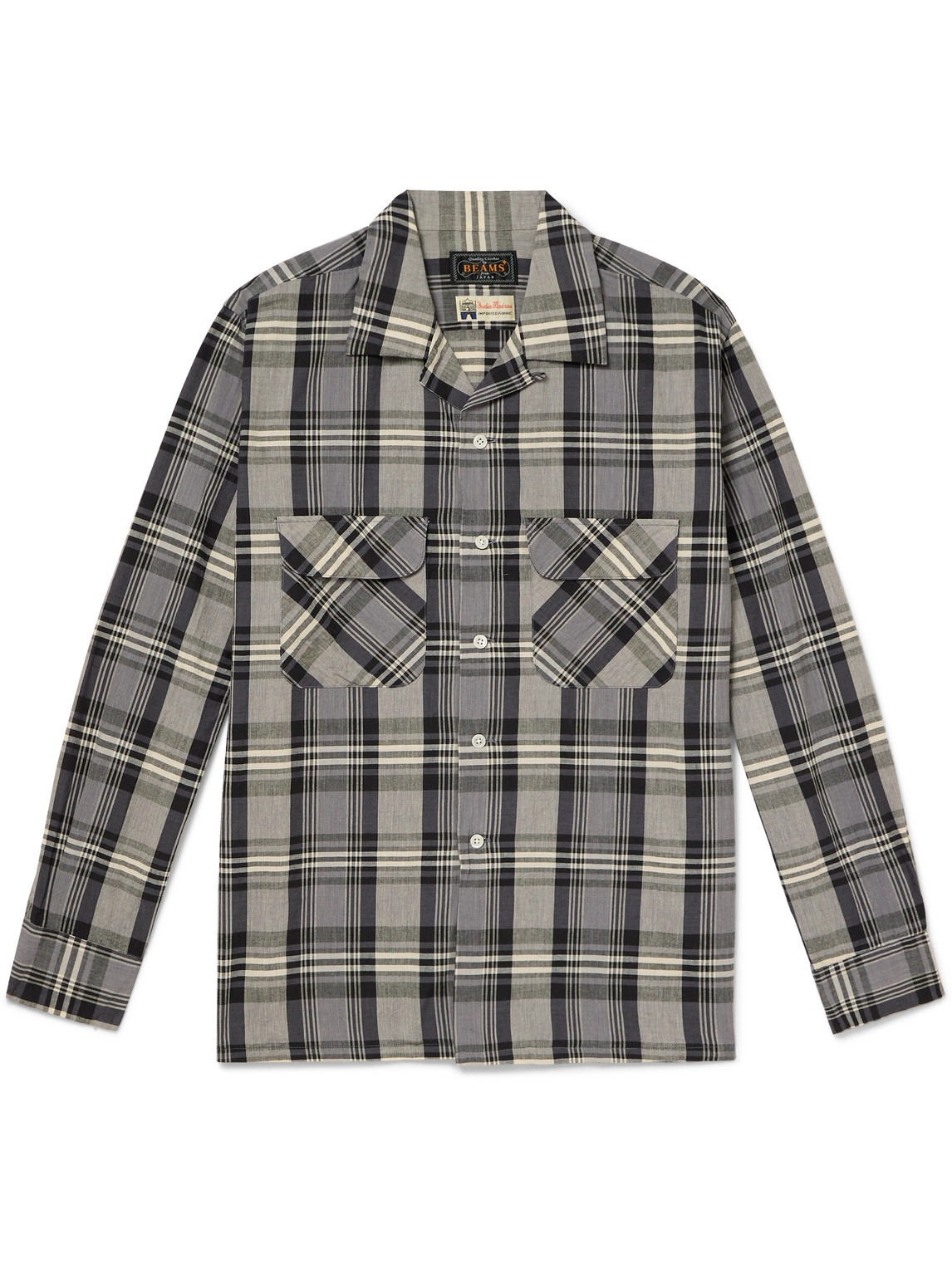 Beams Convertible-collar Checked Cotton Shirt In Grey