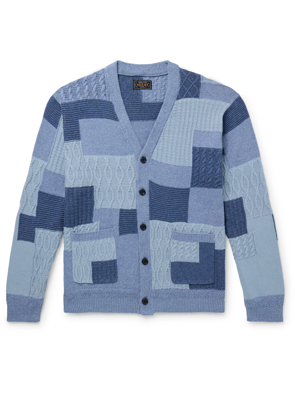 Beams Patchwork Linen And Cotton-blend Cardigan In Blue
