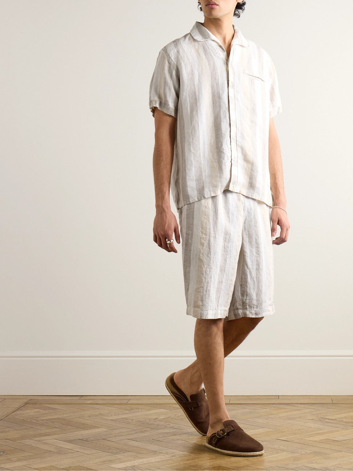 Shop Beams Easy Wide-leg Striped Herringbone Linen Shorts In Neutrals