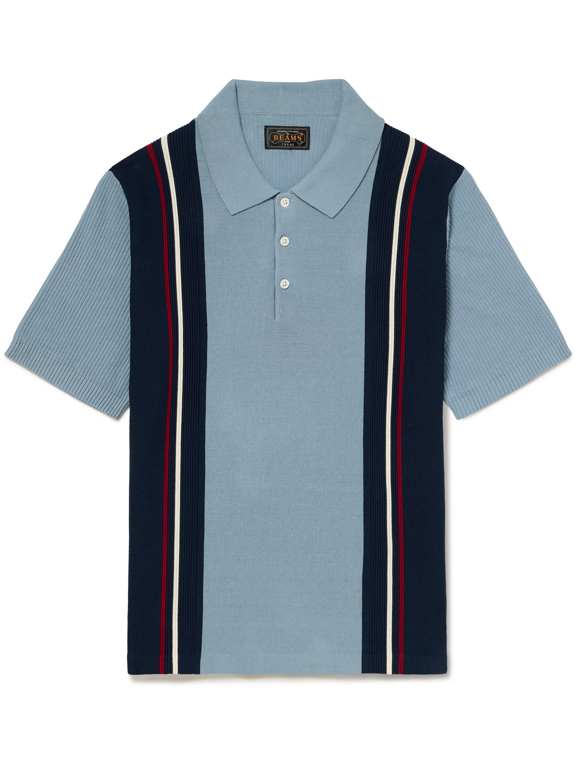 Beams Ribbed Striped Cotton Polo Shirt In Blue