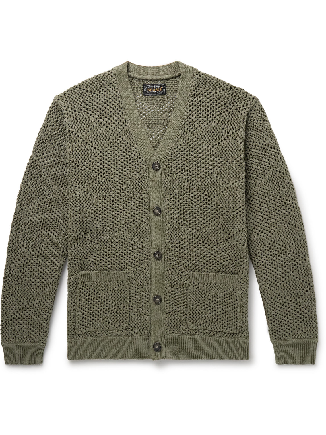 Beams Argyle Open-knit Cotton And Linen-blend Cardigan In Green