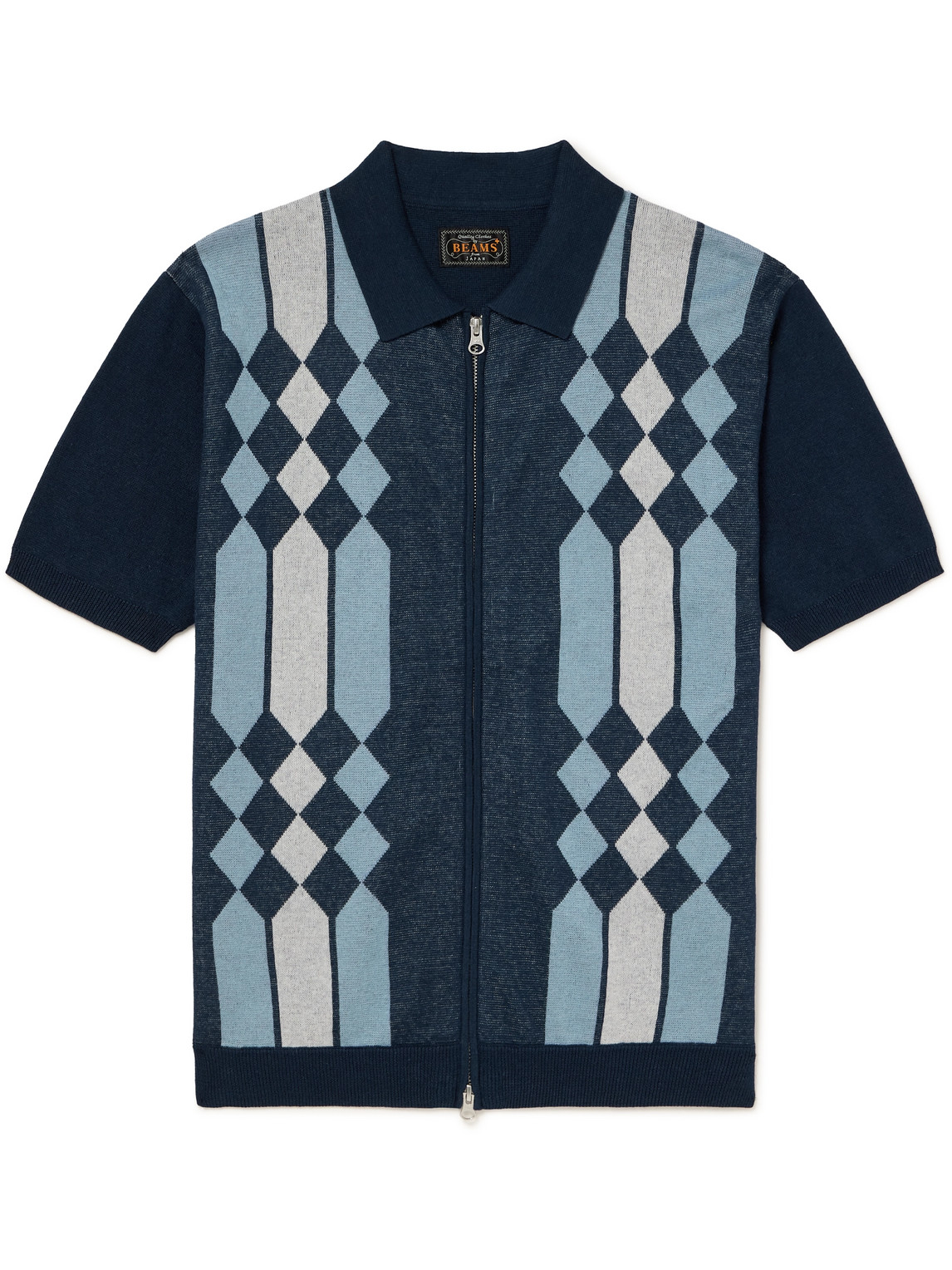 Beams Ramie And Cotton-blend Jacquard Zip-up Cardigan In Blue