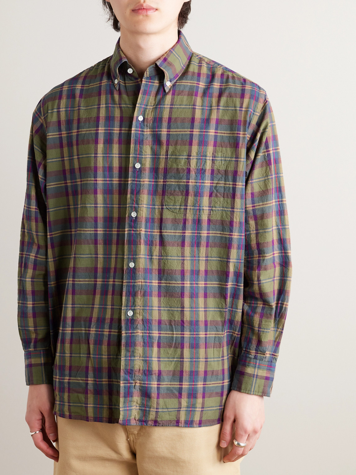 Shop Beams Button-down Collar Checked Cotton-madras Shirt In Green