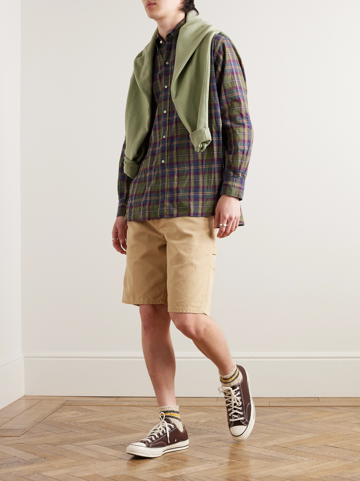 Shop Beams Button-down Collar Checked Cotton-madras Shirt In Green