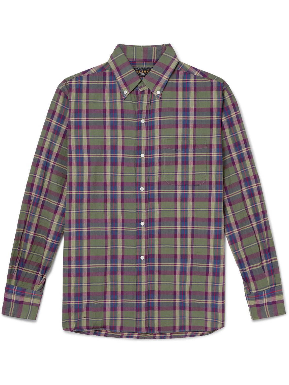 Beams Button-down Collar Checked Cotton-madras Shirt In Green