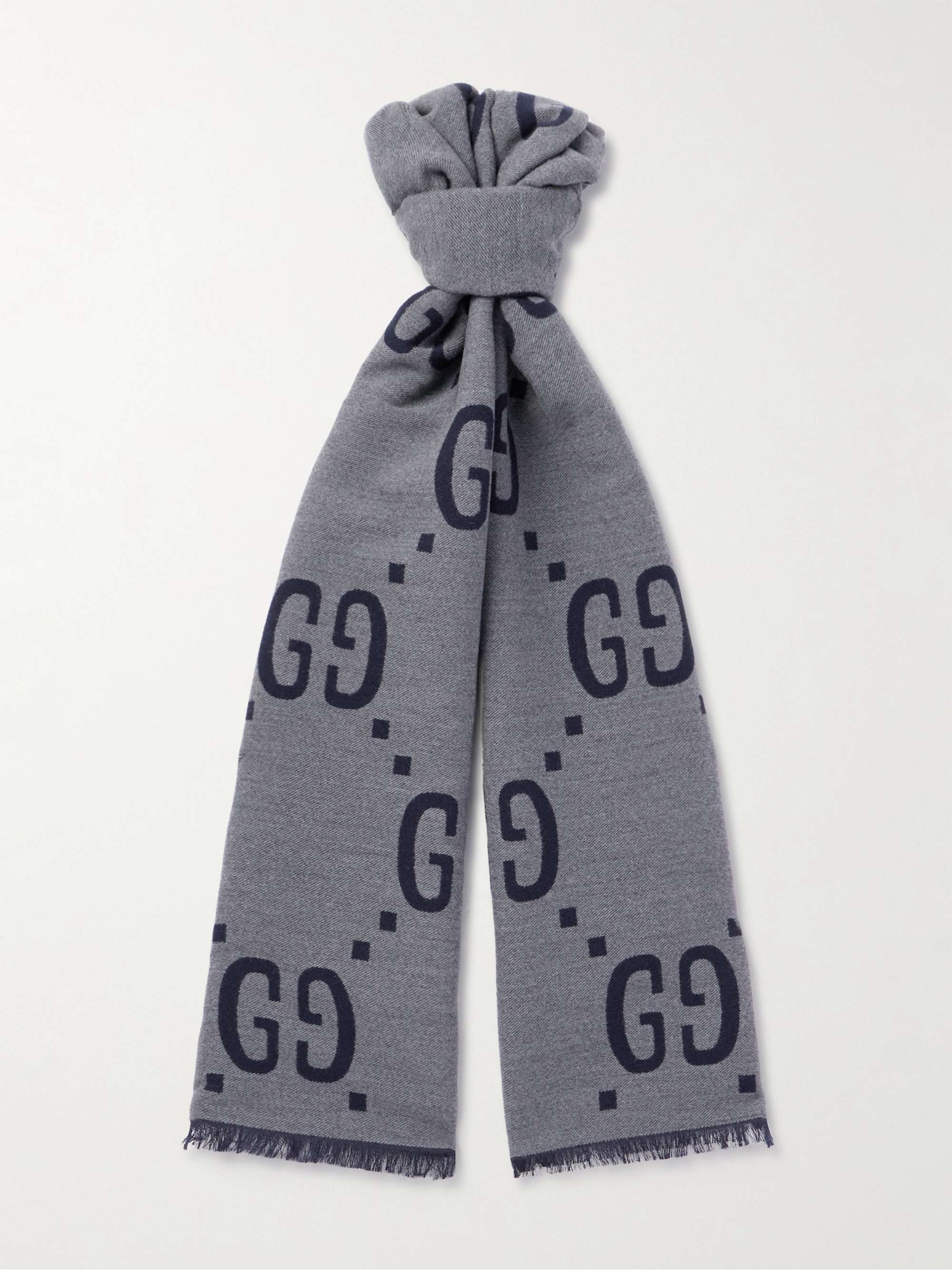 GUCCI Logo-Jacquard Wool and Silk-Blend Scarf,Dark gray