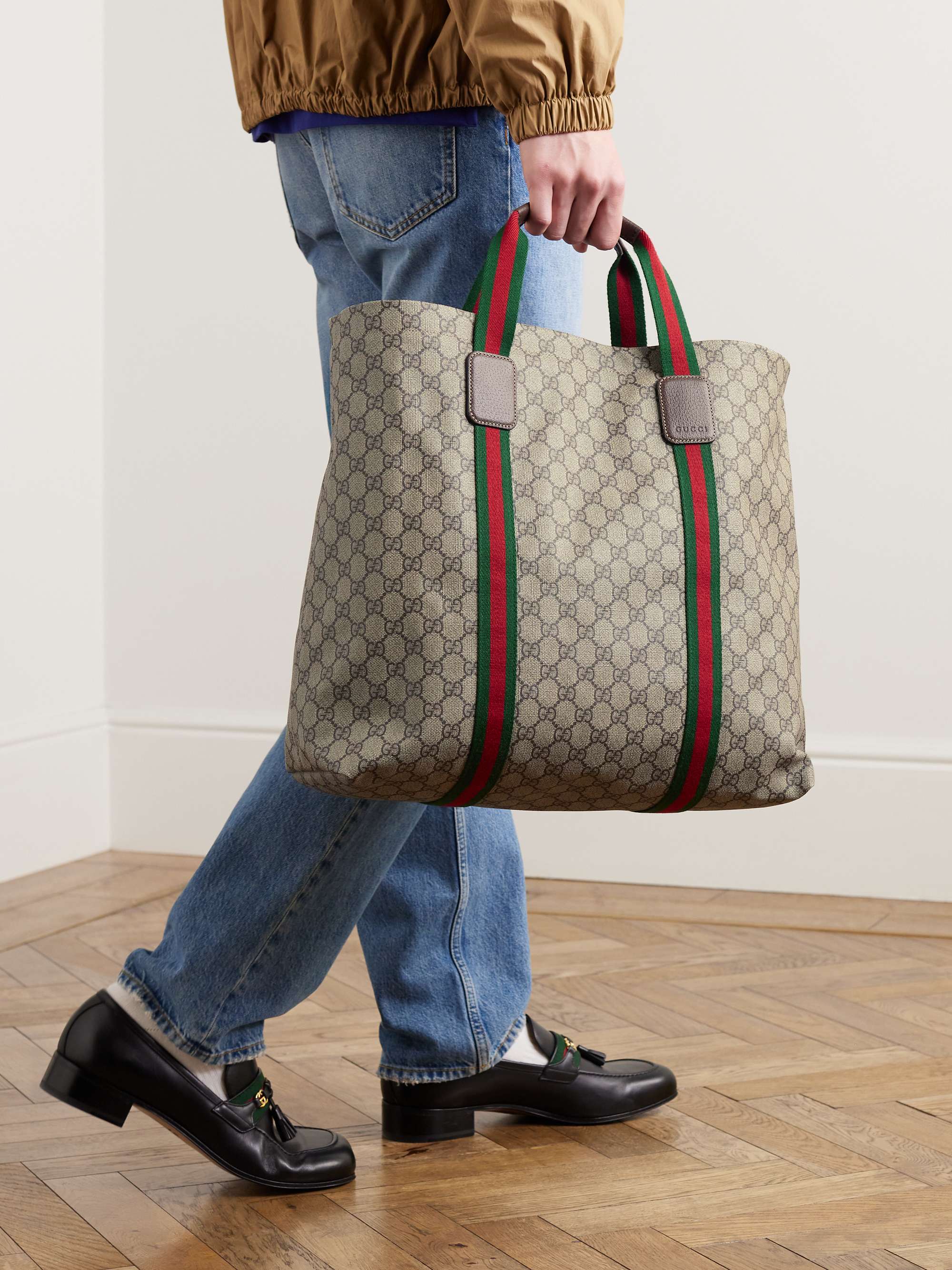 GUCCI GG Supreme Leather-Trimmed Monogrammed Coated-Canvas Tote