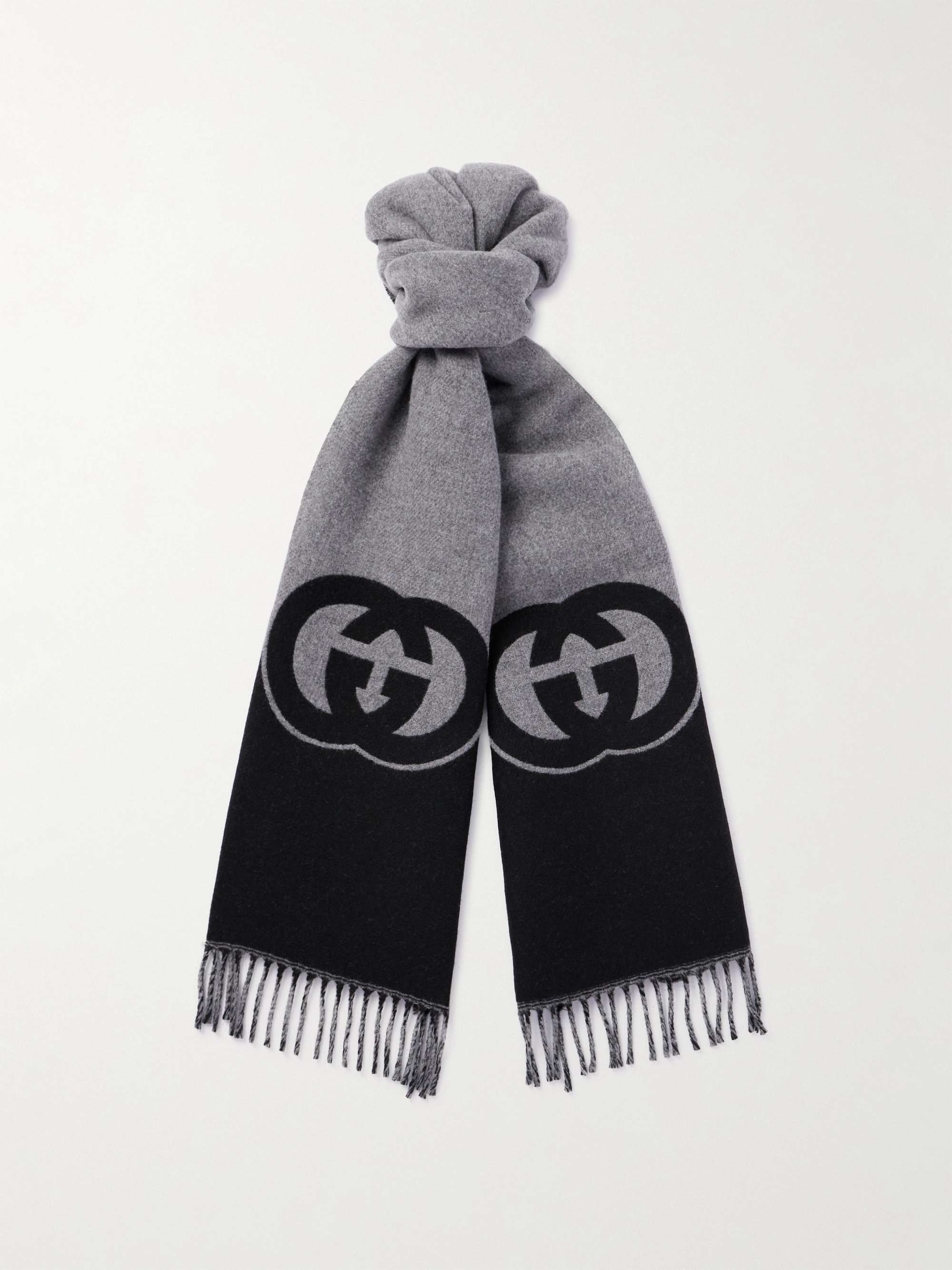 GUCCI Fringed Logo-Jacquard Wool and Cashmere-Blend Scarf,Black