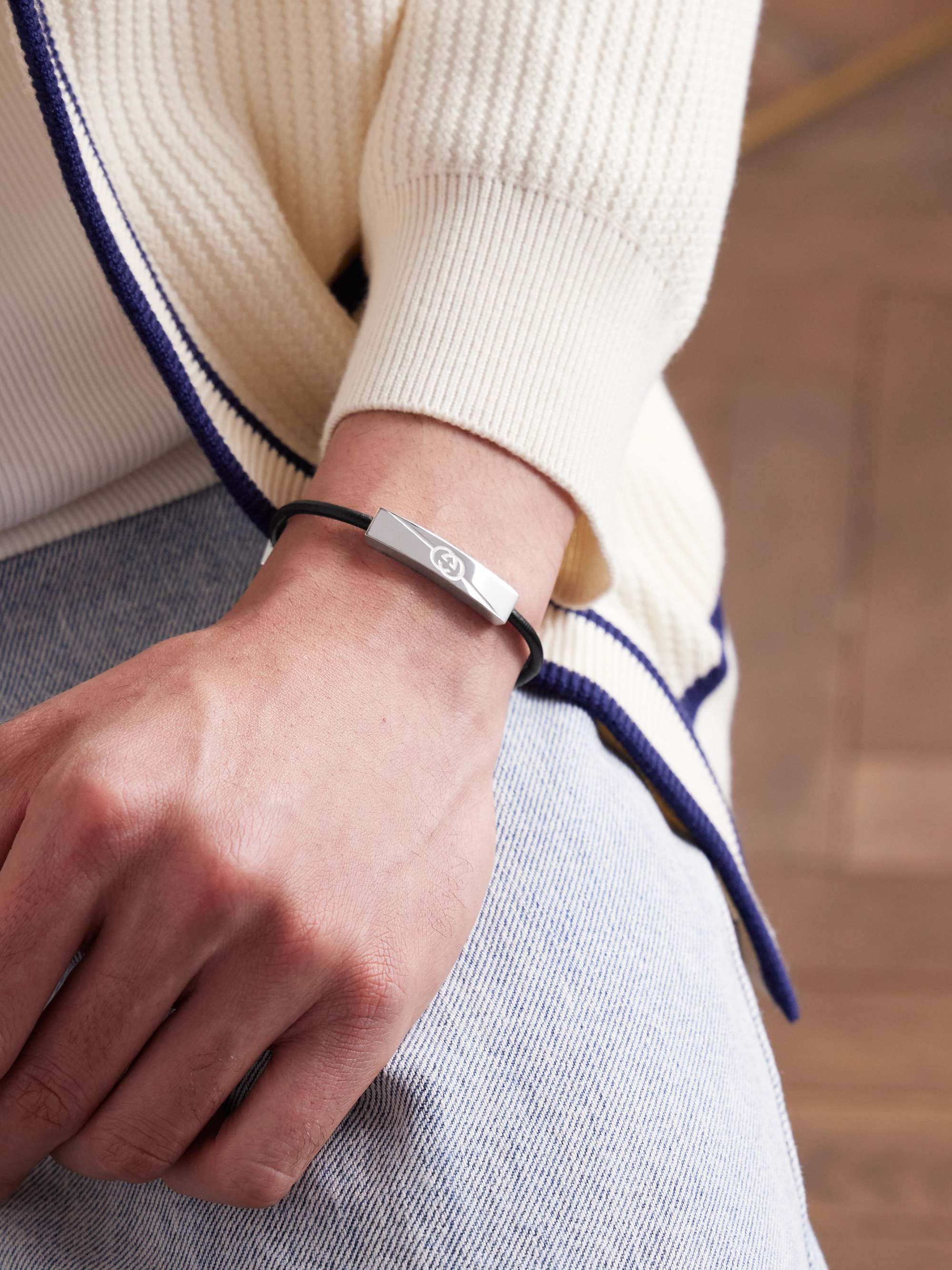 Silver-Tone and Leather Bracelet