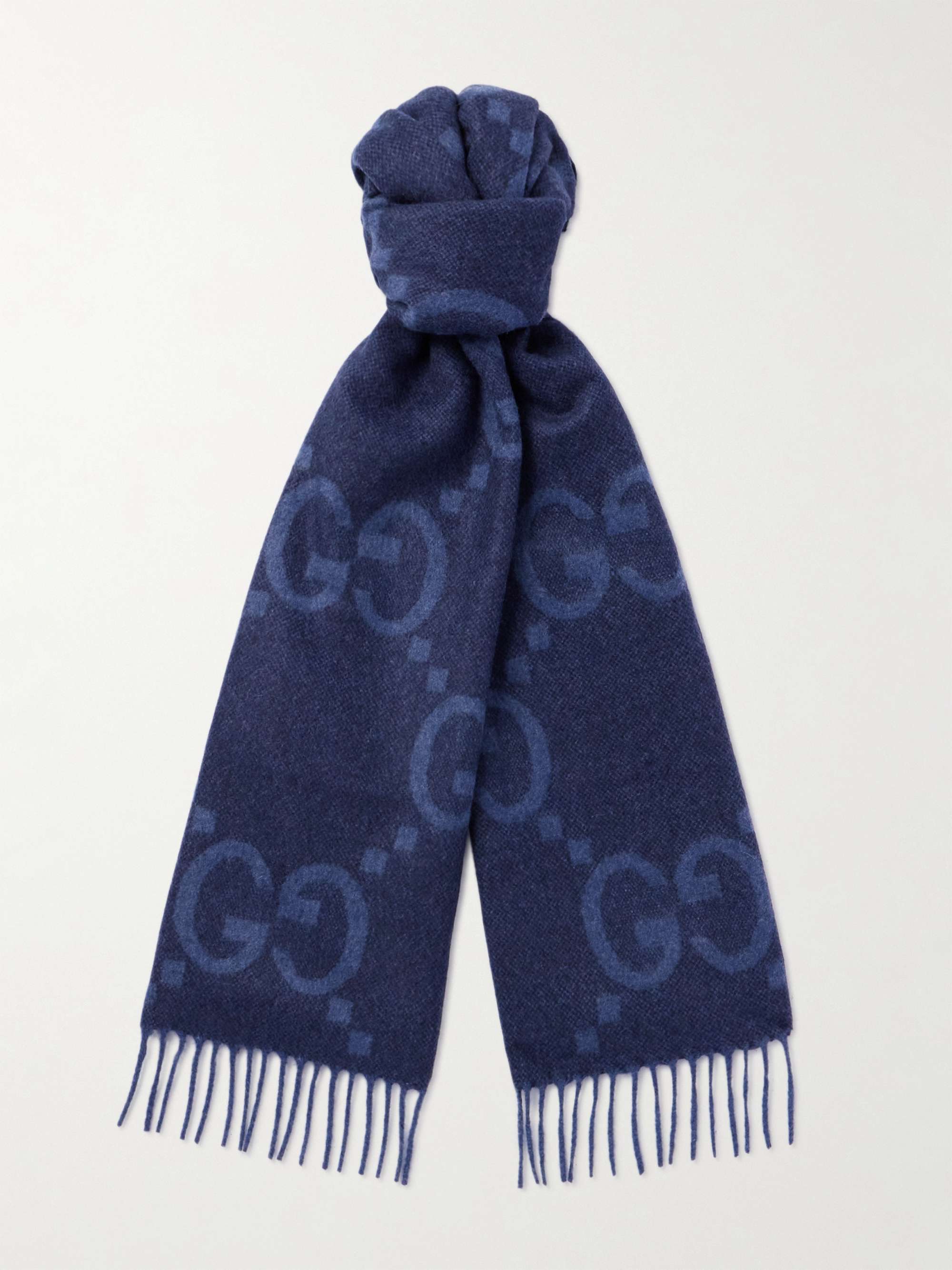 GUCCI Fringed Logo-Print Cashmere Scarf,Blue