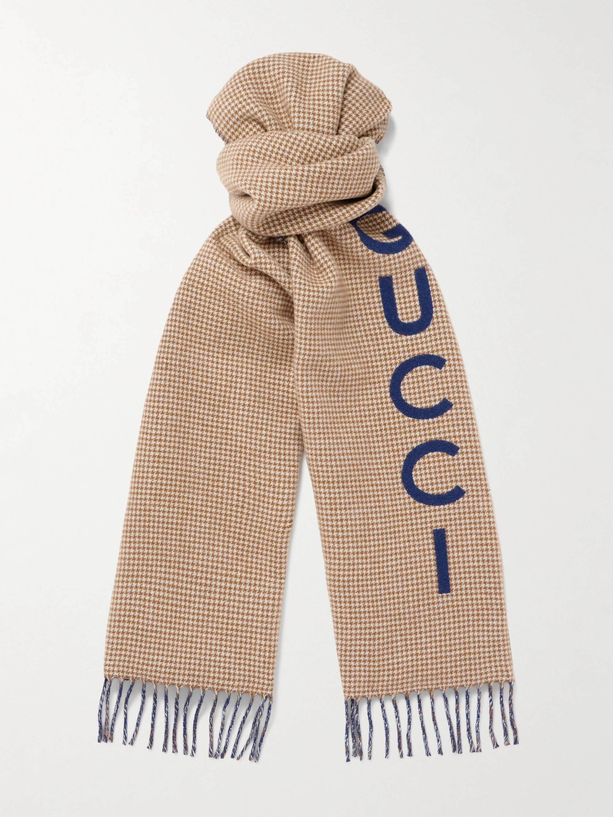 GUCCI Reversible Fringed Logo-Print Houndstooth Wool Scarf,Beige